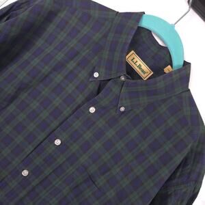 LL Bean Blackwatch Plaid Button Down Shirt Green Navy Cotton Mens Large USA